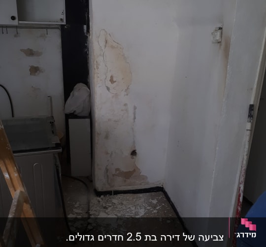 קיר מתקלף עם סולם וחומרי בנייה על הרצפה